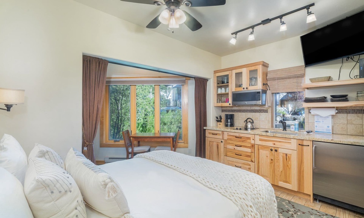 Telluride Condo | Charming Studio Steps from River | Kitchenette, Hot Tub,