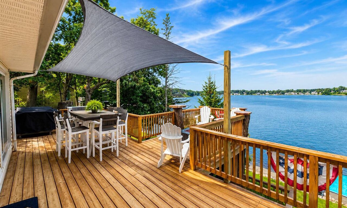 Plainwell House | Waterfront, Private Dock, Pizza Oven + Outdoor Fireplace + Sunset Views