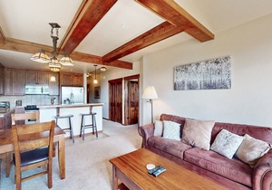 Mountain-view condo on ski shuttle route with deck & fireplace