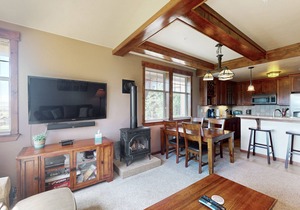 Mountain-view condo on ski shuttle route with deck & fireplace