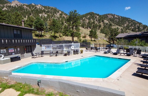 Estes Park Condo | Suite with Two person Jetted tub, Private Patio with Grill and River View.