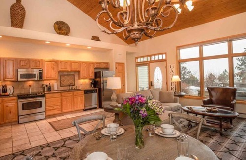 Stanley Hills Condo | Enchanting condo with fireplace, patio, and private hot tub!