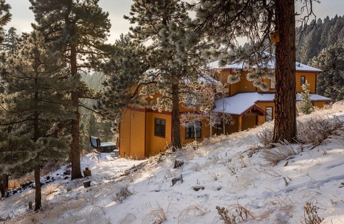 Hangen Ranch And M and B House | NEW! Evergreen Mountain Basecamp- home with hot tub on 10 private acres!