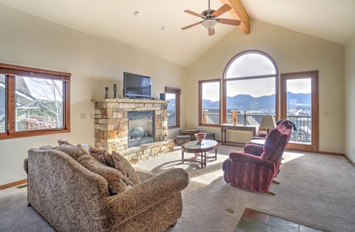 Stanley Hills Condo | Spacious condo with two living rooms, large balcony, and views of RMNP!